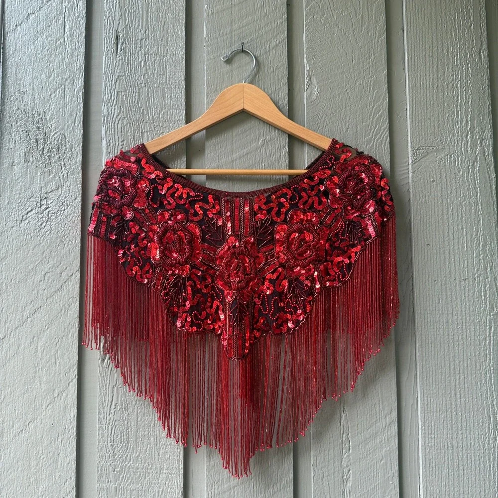 Vintage Beaded Sequin Fringe Capelet Shrug Womens One Size Red Floral Wrap